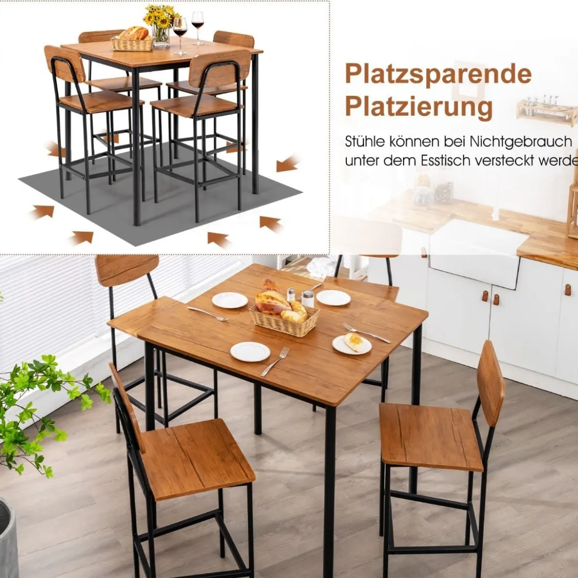 Ess-Set 5-Teiliges Esstisch-Set mit Tisch und 4 Barhockern Walnuss