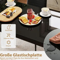 Esstisch Glas Küchentisch für 4 Personen Esszimmertisch mit Metallrahmen quadratischer Tisch Küchenmöbel für Esszimmer 120 x 70 x 75 cm Schwarz
