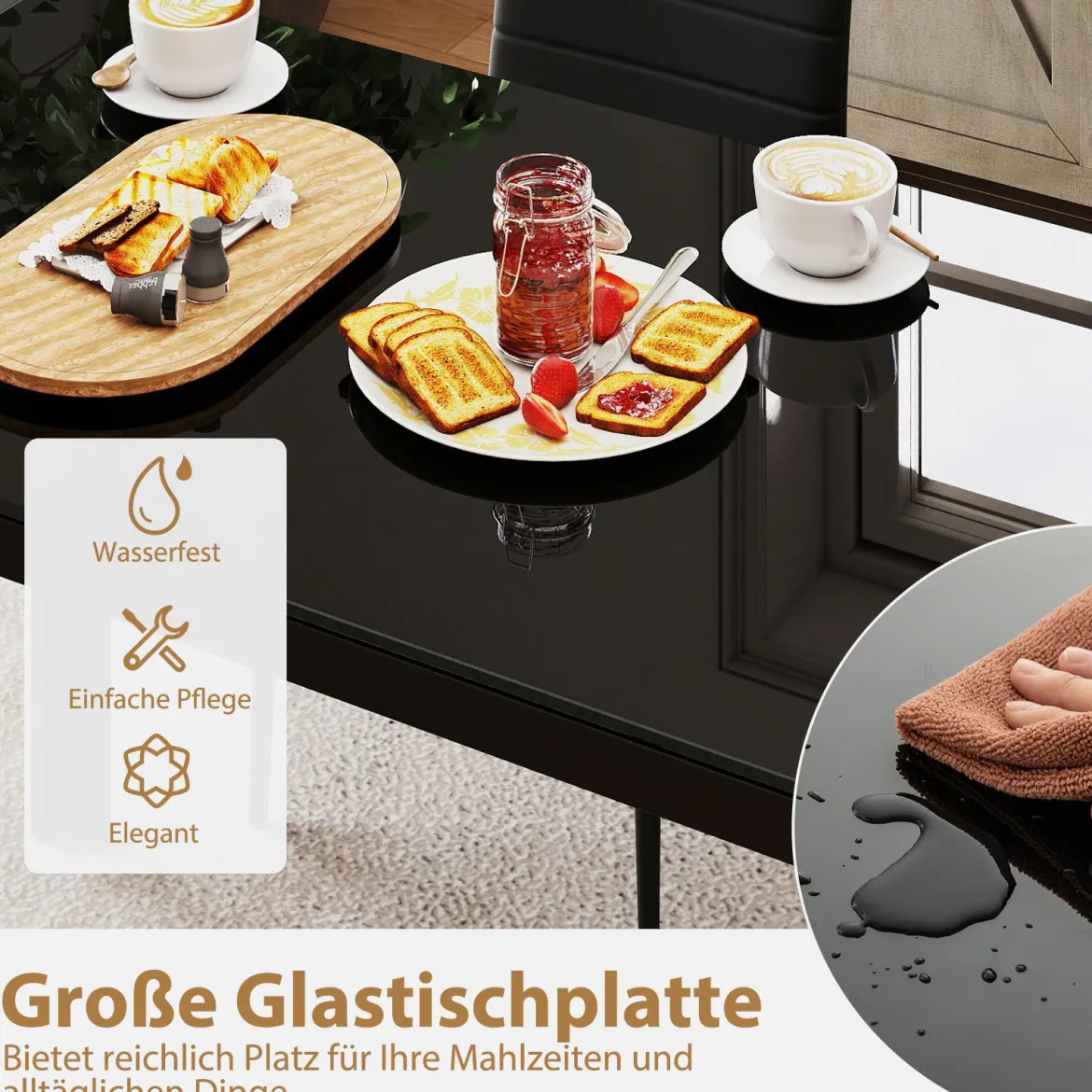Esstisch Glas Küchentisch für 4 Personen Esszimmertisch mit Metallrahmen quadratischer Tisch Küchenmöbel für Esszimmer 120 x 70 x 75 cm Schwarz