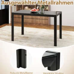 Esstisch Glas Küchentisch für 4 Personen Esszimmertisch mit Metallrahmen quadratischer Tisch Küchenmöbel für Esszimmer 120 x 70 x 75 cm Schwarz