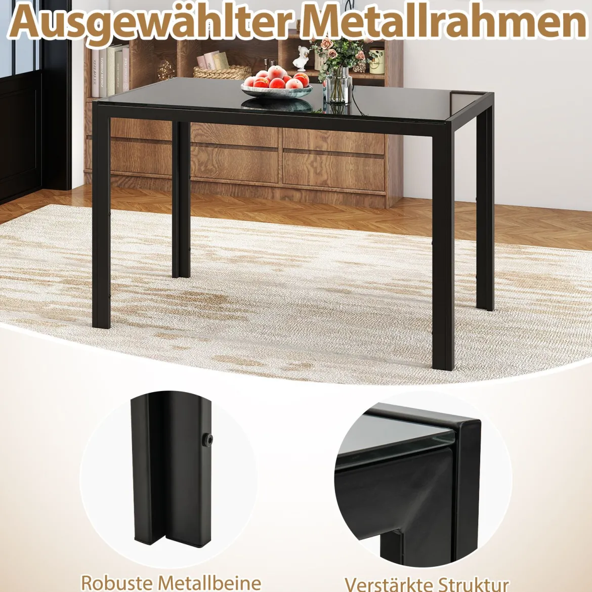 Esstisch Glas Küchentisch für 4 Personen Esszimmertisch mit Metallrahmen quadratischer Tisch Küchenmöbel für Esszimmer 120 x 70 x 75 cm Schwarz