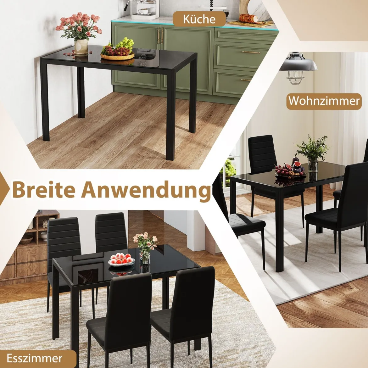 Esstisch Glas Küchentisch für 4 Personen Esszimmertisch mit Metallrahmen quadratischer Tisch Küchenmöbel für Esszimmer 120 x 70 x 75 cm Schwarz