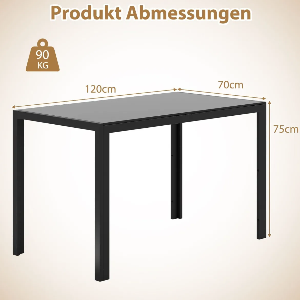 Esstisch Glas Küchentisch für 4 Personen Esszimmertisch mit Metallrahmen quadratischer Tisch Küchenmöbel für Esszimmer 120 x 70 x 75 cm Schwarz