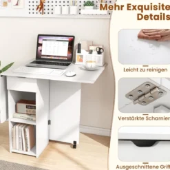 Esstisch klappbar mit 2 Rädern mobiler Klapptisch Esszimmertisch mit 2-stufiger Ablagefläche und Schublade Weiß