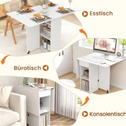 Esstisch klappbar mit 2 Rädern mobiler Klapptisch Esszimmertisch mit 2-stufiger Ablagefläche und Schublade Weiß