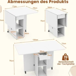 Esstisch klappbar mit 2 Rädern mobiler Klapptisch Esszimmertisch mit 2-stufiger Ablagefläche und Schublade Weiß