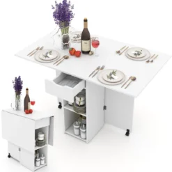 Esstisch klappbar mit 2 Rädern mobiler Klapptisch Esszimmertisch mit 2-stufiger Ablagefläche und Schublade Weiß