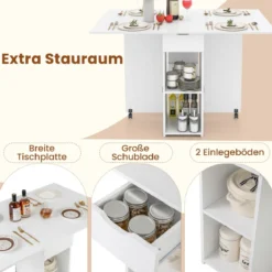 Esstisch klappbar mit 2 Rädern mobiler Klapptisch Esszimmertisch mit 2-stufiger Ablagefläche und Schublade Weiß