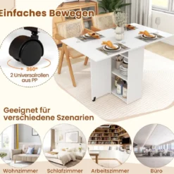 Esstisch klappbar mit 2 Rädern mobiler Klapptisch Esszimmertisch mit 2-stufiger Ablagefläche und Schublade Weiß