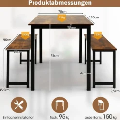 Esstisch mit 2 Bänken Essgruppe 3er-Set 110 x 70 cm Küchentisch für 4 Personen Kaffee + Schwarz