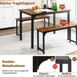 Esstisch mit 2 Bänken Essgruppe 3er-Set 110 x 70 cm Küchentisch für 4 Personen Kaffee + Schwarz