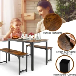 Esstisch mit 2 Bänken Essgruppe 3er-Set 110 x 70 cm Küchentisch für 4 Personen Kaffee + Schwarz