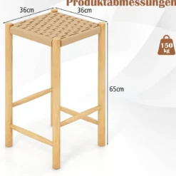 Esszimmer-Barhocker-Set Rahmen aus Gummibaumholz & Sitz aus geflochtenem Papier Rustikaler Barhocker in Counter-Höhe65 cm