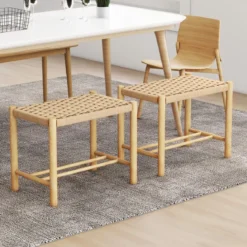 Esszimmerhocker-Set Rahmen aus Gummibaumholz & Sitz aus geflochtenem Papier 56 x 36 x 45 cm