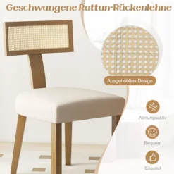 Esszimmerstuhl Küchenstuhl mit Rattan Rückenlehne gepolsterter Sitz & Holzbeine Beige