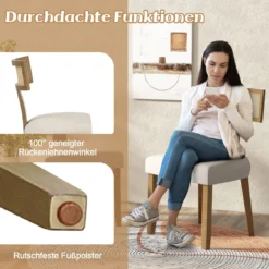 Esszimmerstuhl Küchenstuhl mit Rattan Rückenlehne gepolsterter Sitz & Holzbeine Beige