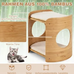 2 Etagen Bambus Katzenbett mit Abnehmbaren Plüschmatten & 2 Katzenlöchern Katzenschlafplatz