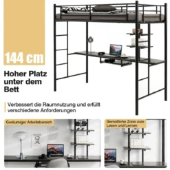 Etagenbettgestell Hochbett aus Metall mit Schreibtisch Leitern und Geländer Schwarz