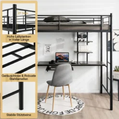 Etagenbettgestell Hochbett aus Metall mit Schreibtisch Leitern und Geländer Schwarz