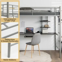 Etagenbettgestell Hochbett aus Metall mit Schreibtisch Leitern und Geländer Silber
