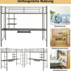 Etagenbettgestell Hochbett aus Metall mit Schreibtisch Leitern und Geländer Silber
