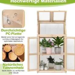 2 Etagen Frühbeet aus Holz & PC Hochbeet wetterfest Gewächshaus mit 2 Türen für Garten Balkon 69 x 58 x 121 cm Natur