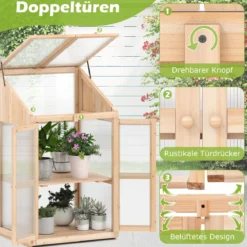 2 Etagen Frühbeet aus Holz & PC Hochbeet wetterfest Gewächshaus mit 2 Türen für Garten Balkon 69 x 58 x 121 cm Natur