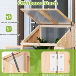 2 Etagen Frühbeet aus Holz & PC Hochbeet wetterfest Gewächshaus mit 2 Türen für Garten Balkon 69 x 58 x 121 cm Natur