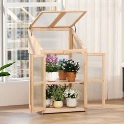 2 Etagen Frühbeet aus Holz & PC Hochbeet wetterfest Gewächshaus mit 2 Türen für Garten Balkon 69 x 58 x 121 cm Natur