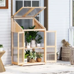 2 Etagen Frühbeet aus Holz & PC Hochbeet wetterfest Gewächshaus mit 2 Türen für Garten Balkon 69 x 58 x 121 cm Natur