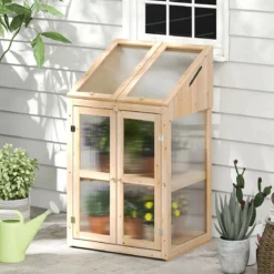 2 Etagen Frühbeet aus Holz & PC Hochbeet wetterfest Gewächshaus mit 2 Türen für Garten Balkon 69 x 58 x 121 cm Natur