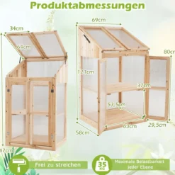 2 Etagen Frühbeet aus Holz & PC Hochbeet wetterfest Gewächshaus mit 2 Türen für Garten Balkon 69 x 58 x 121 cm Natur