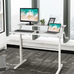 2-Etagen Höhenverstellbarer Ergonomischer Stehtisch Sitz-Steh-Schreibtisch 120 x 60 x 88-126 cm Weiß