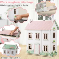 3 Etagen Holz Puppenhaus mit Doppelseitigen Dächern & zu Öffnenden Türen Puppenstube
