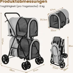 2 Etagen Hundewagen bis 16 kg Hundebuggy mit Netzfenstern Getränkehalter Grau