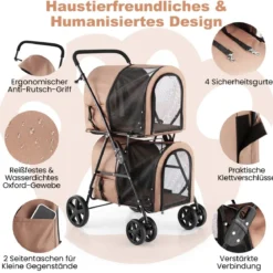 2 Etagen Hundewagen bis 16 kg Hundebuggy mit Netzfenstern Getränkehalter Beige