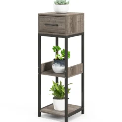 3 Etagen Metall-Pflanzenständer Blumenständer mit Schublade Holz 30,5 x 30,5 x 92 cm (1 Pack)