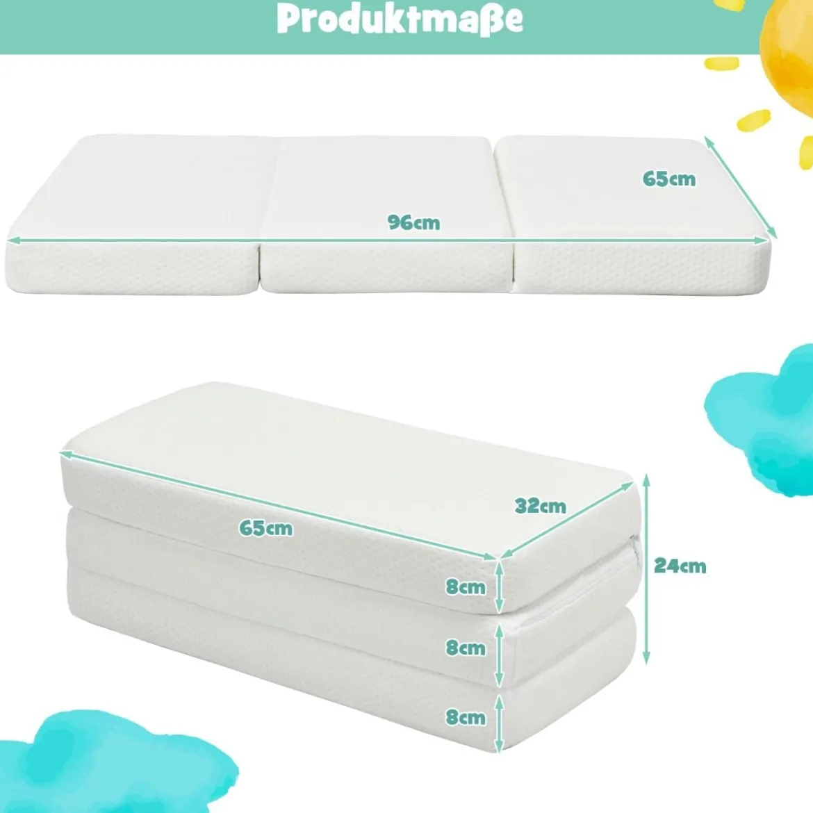 Faltbare Baby-Matratze Matratze aus Rückstellschaum Reisebettmatratze tragbar 96 x 65 x 8 cm Weiß