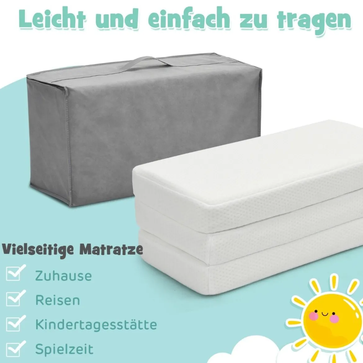Faltbare Baby-Matratze Matratze aus Rückstellschaum Reisebettmatratze tragbar 96 x 65 x 8 cm Weiß