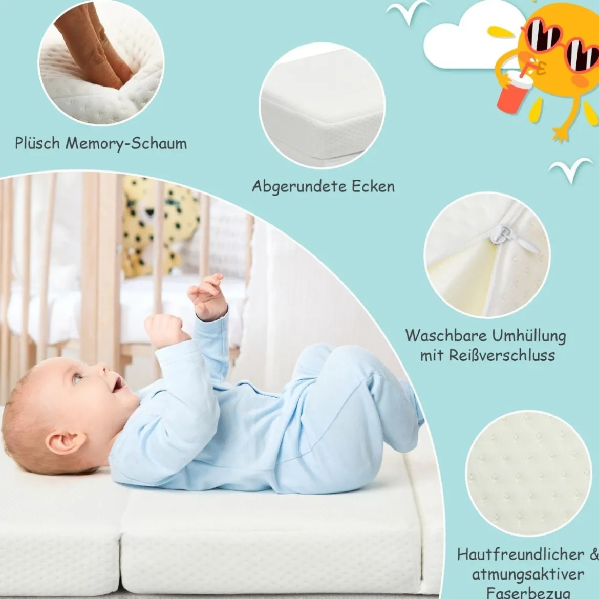 Faltbare Baby-Matratze Matratze aus Rückstellschaum Reisebettmatratze tragbar 96 x 65 x 8 cm Weiß