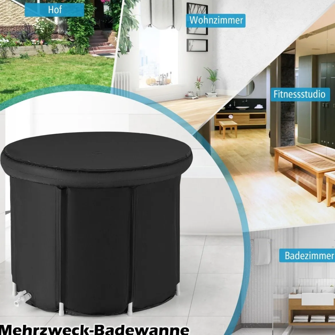 Faltbare Badewanne mit Tragetasche & Reparaturset & Abdeckung Tragbares Eisbad Schwarz