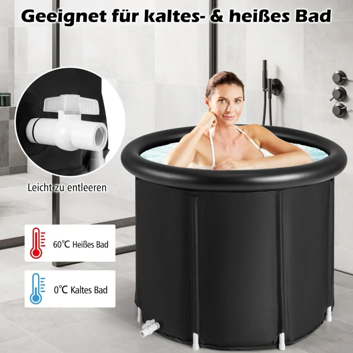 Faltbare Badewanne mit Tragetasche & Reparaturset & Abdeckung Tragbares Eisbad Schwarz