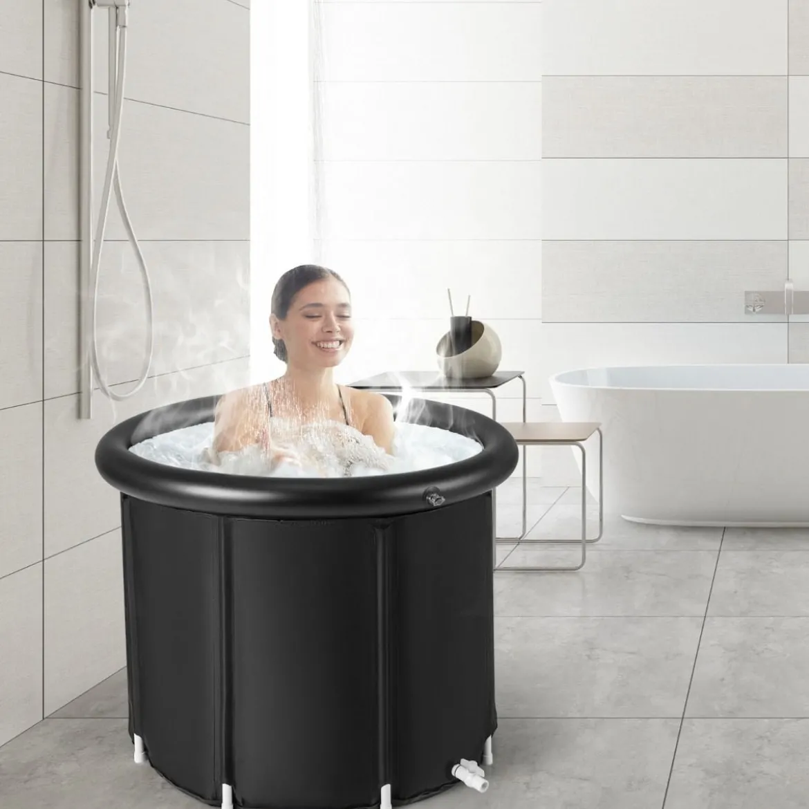 Faltbare Badewanne mit Tragetasche & Reparaturset & Abdeckung Tragbares Eisbad Schwarz