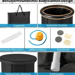 Faltbare Badewanne mit Tragetasche & Reparaturset & Abdeckung Tragbares Eisbad Schwarz