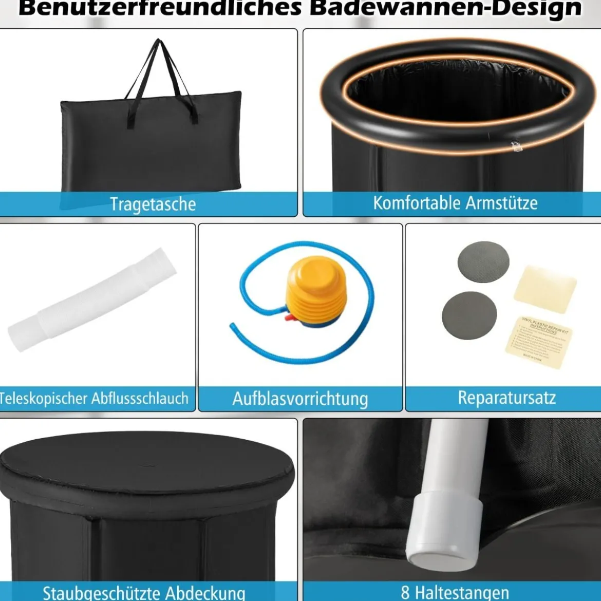Faltbare Badewanne mit Tragetasche & Reparaturset & Abdeckung Tragbares Eisbad Schwarz
