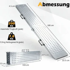 Faltbare Leichte Auffahrrampe aus Metall 2 Stück Laderampe bis 400 kg Belastbar 180 x 22,5 x 4,5 cm