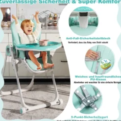 Faltbarer Baby Hochstuhl mit 6 verstellbaren Höhen & abnehmbare Doppeltabletts Grün