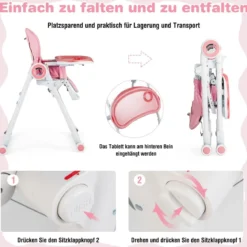 Faltbarer Baby Hochstuhl mit 6 verstellbaren Höhen & abnehmbare Doppeltabletts Rosa