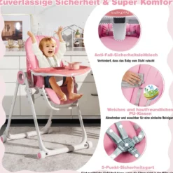 Faltbarer Baby Hochstuhl mit 6 verstellbaren Höhen & abnehmbare Doppeltabletts Rosa