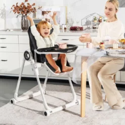 Faltbarer Baby Hochstuhl mit 6 verstellbaren Höhen & abnehmbare Doppeltabletts Schwarz